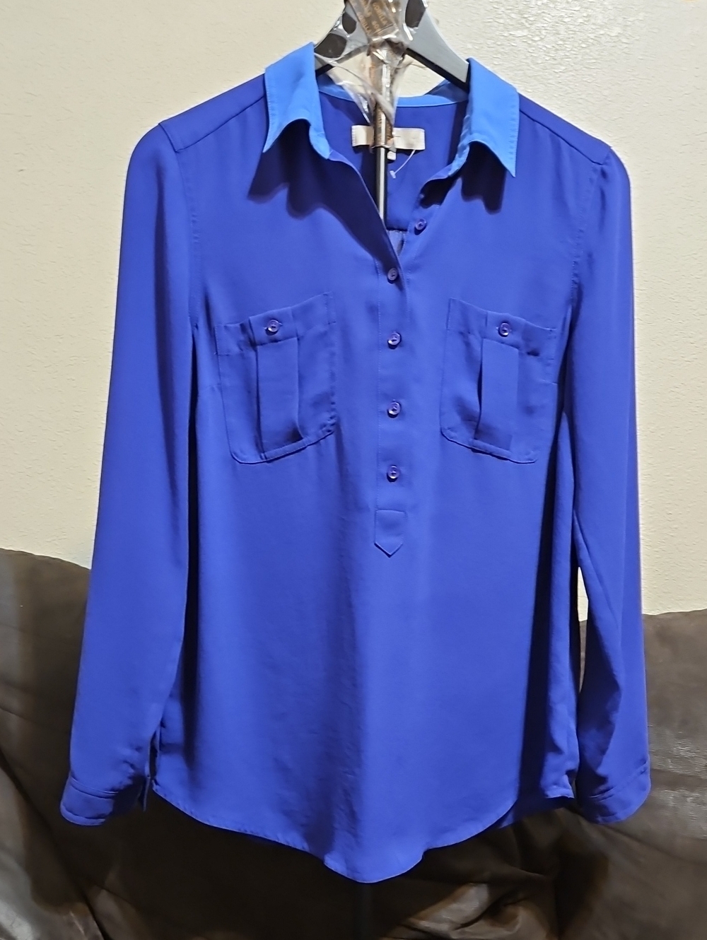 LOFT Cobalt Blue Long-Sleeve Button Pullover Blouse with Light Blue Collar